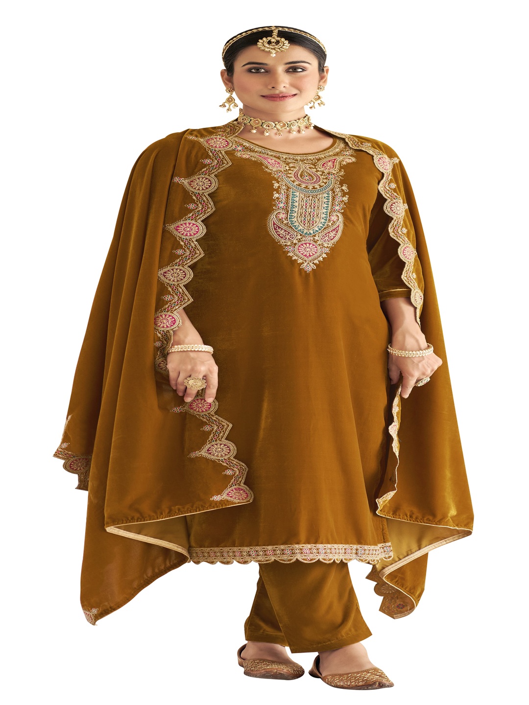 

DRAVINAM Trends Paisley Embroidered Zari Work Velvet Unstitched Dress Material, Mustard