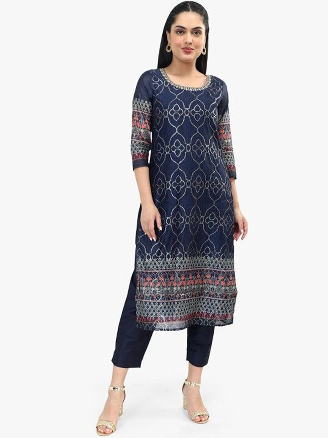 

Suha Ethnic Motifs Printed Round Neck Straight Kurta With Trousers, Navy blue