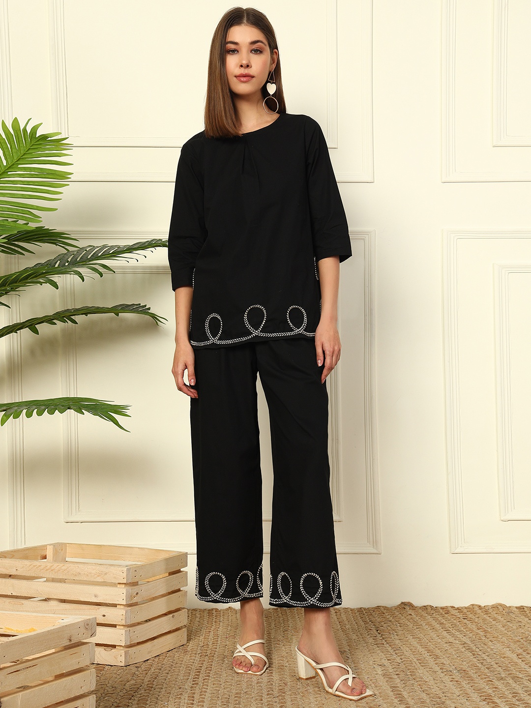 

DEEBACO Boat Neck Pure Cotton Tunic With Trousers, Black