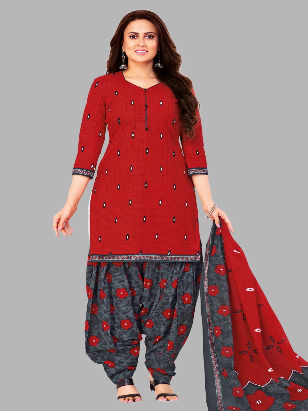 

Simmu Floral Printed Pure Cotton Unstitched Dress Material, Red