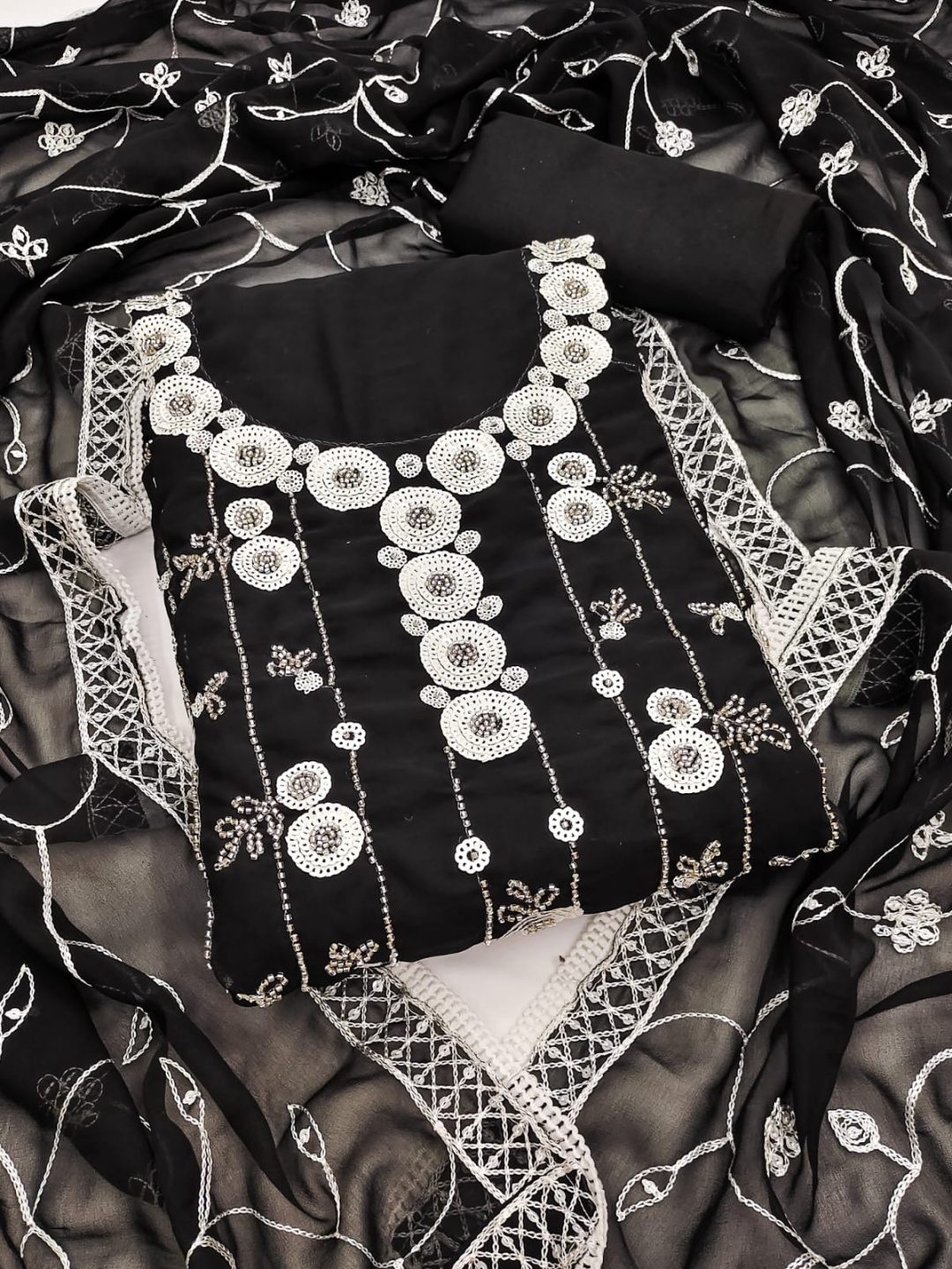 

SWARNGANGA TEX Floral Embroidered Beads And Stones Unstitched Dress Material, Black