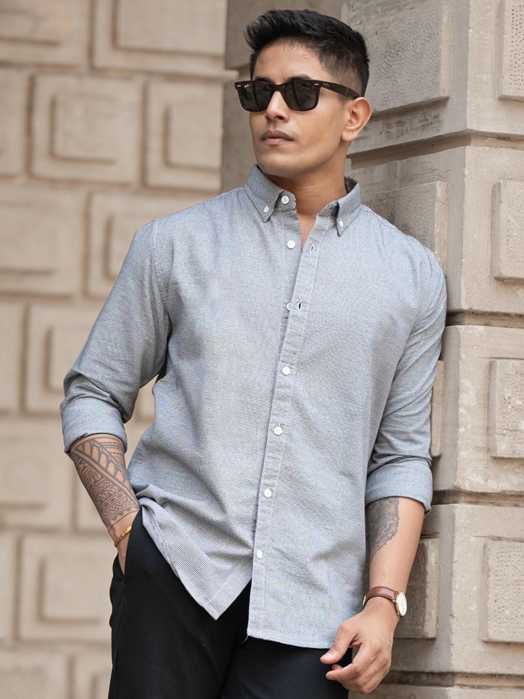 

Powerlook Men Button-Down Collar Textured Cotton Casual Shirt, Black