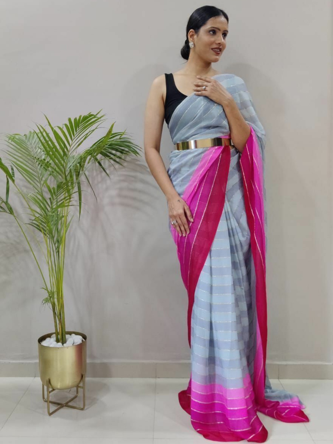 

bansari textiles Striped Pure Chiffon Saree, Grey