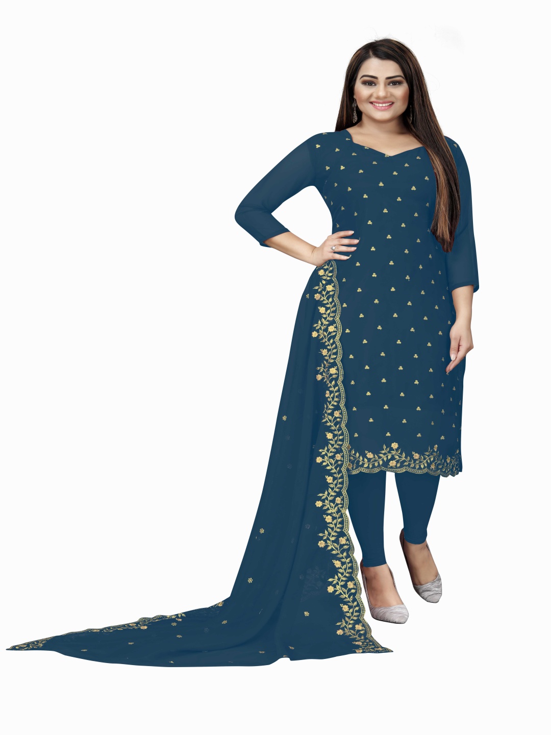 

HERE&NOW Embellished Silk Georgette Unstitched Dress Material, Navy blue