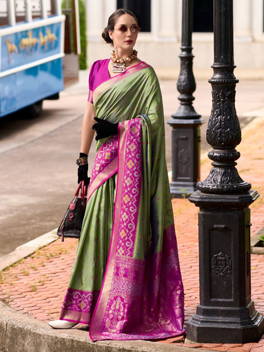 

Panzora Woven Design Foil Printed Zari Saree, Green