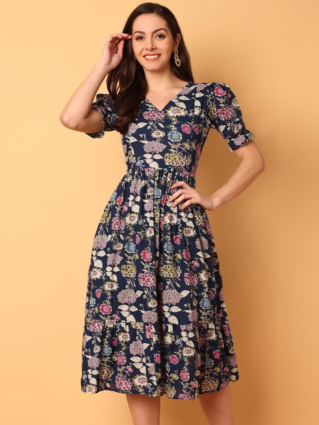 

ELYRAA Floral Printed Cotton Fit & Flare Dress, Navy blue