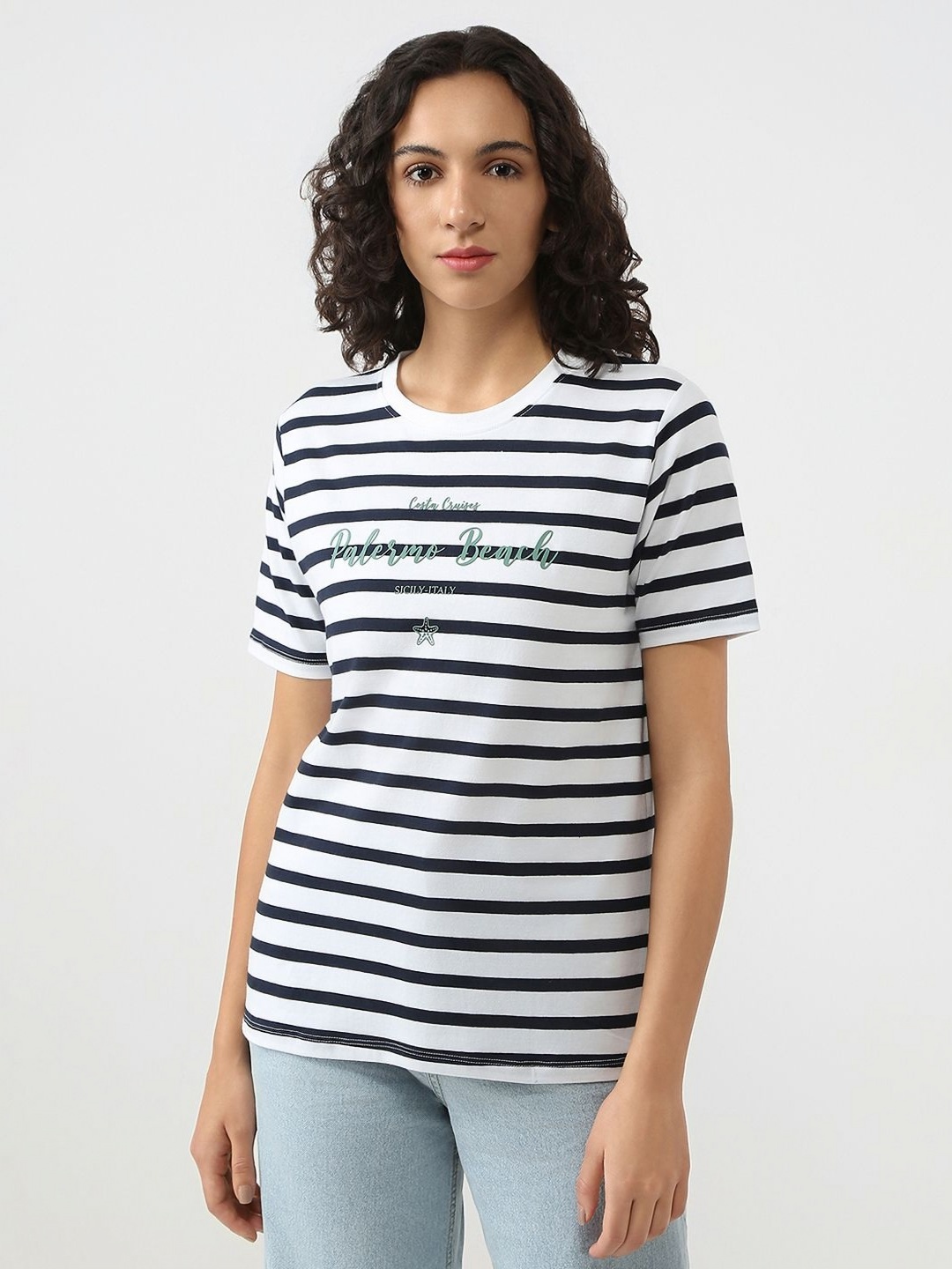 

Kraus Jeans Women Striped Round Neck Cotton T-shirt, White