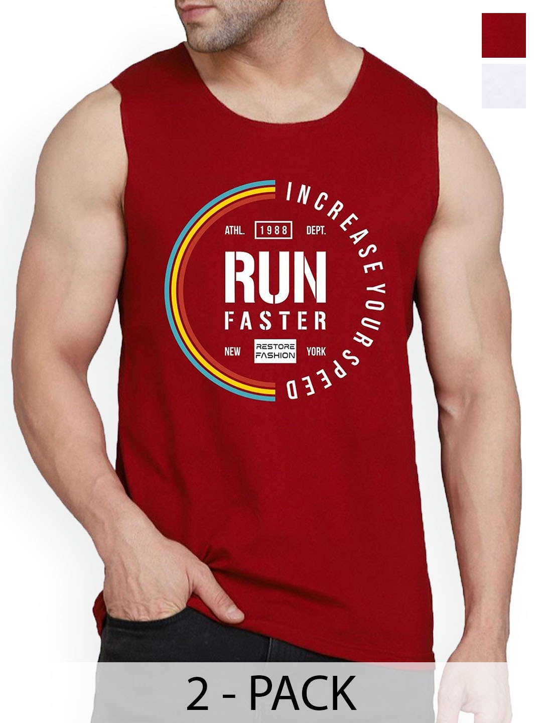 

WOOSTRO Men Pack Of 2 Cotton Printed Gym Vest, Maroon