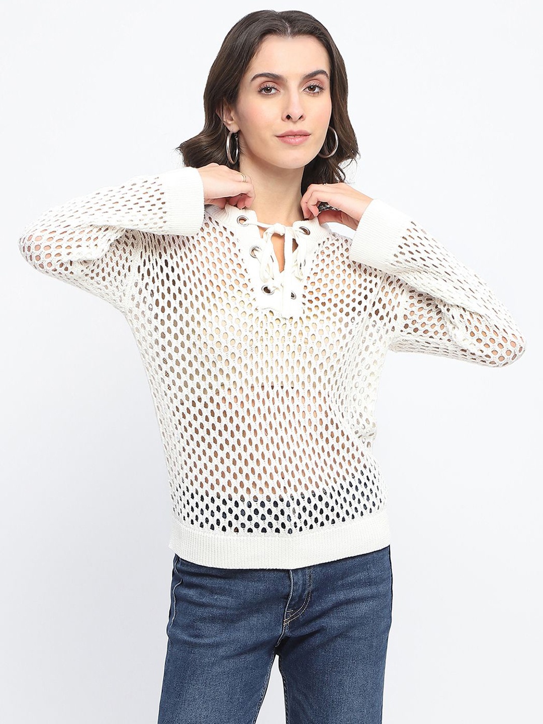 

Madame Women Sheer Tie-Up Neck Pure Cotton Top, Off white