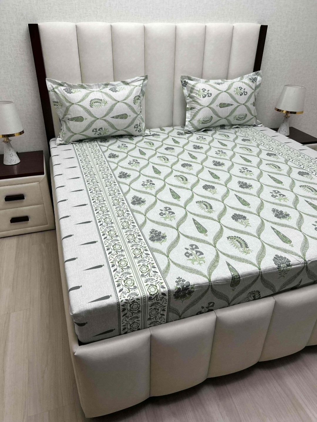 

Pure Decor Green & Grey Floral Pure Cotton 400 TC Queen Bedsheet 2.28 m x 2.54 m