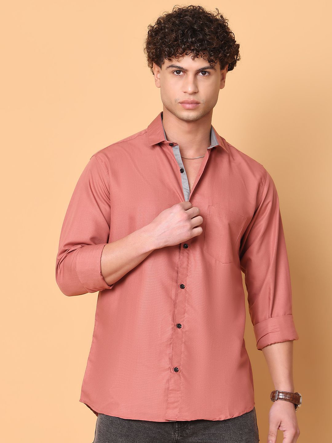 

Tanip Men Spread Collar Solid Cotton Casual Shirt, Pink