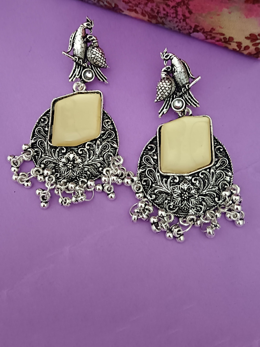 

EVY Monalisa Silver-Plated CZ Stones Studded Contemporary Shaped Oxidized Drop Earrings, Cream