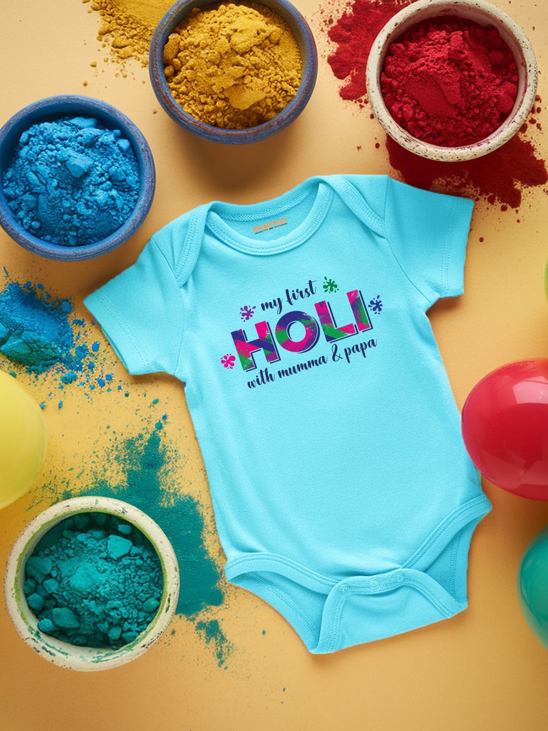 

FFLIRTYGO Infants Holi Printed Cotton Bodysuit, Turquoise blue