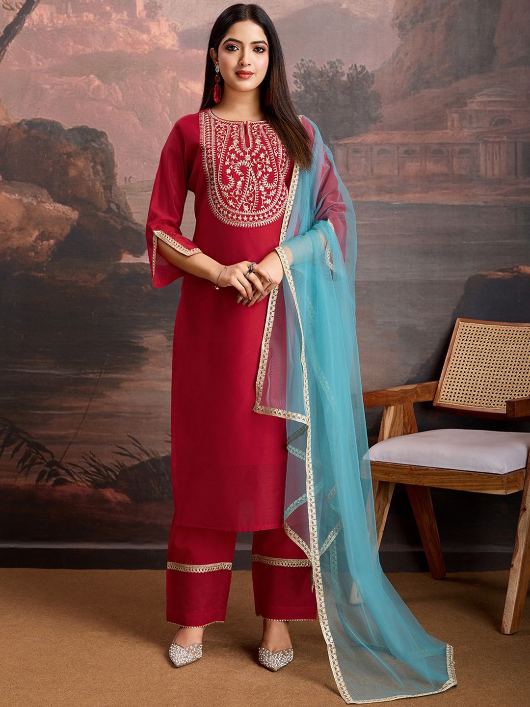 

House of Pataudi Embroidered Kurta & Trousers With Net Dupatta Set, Red