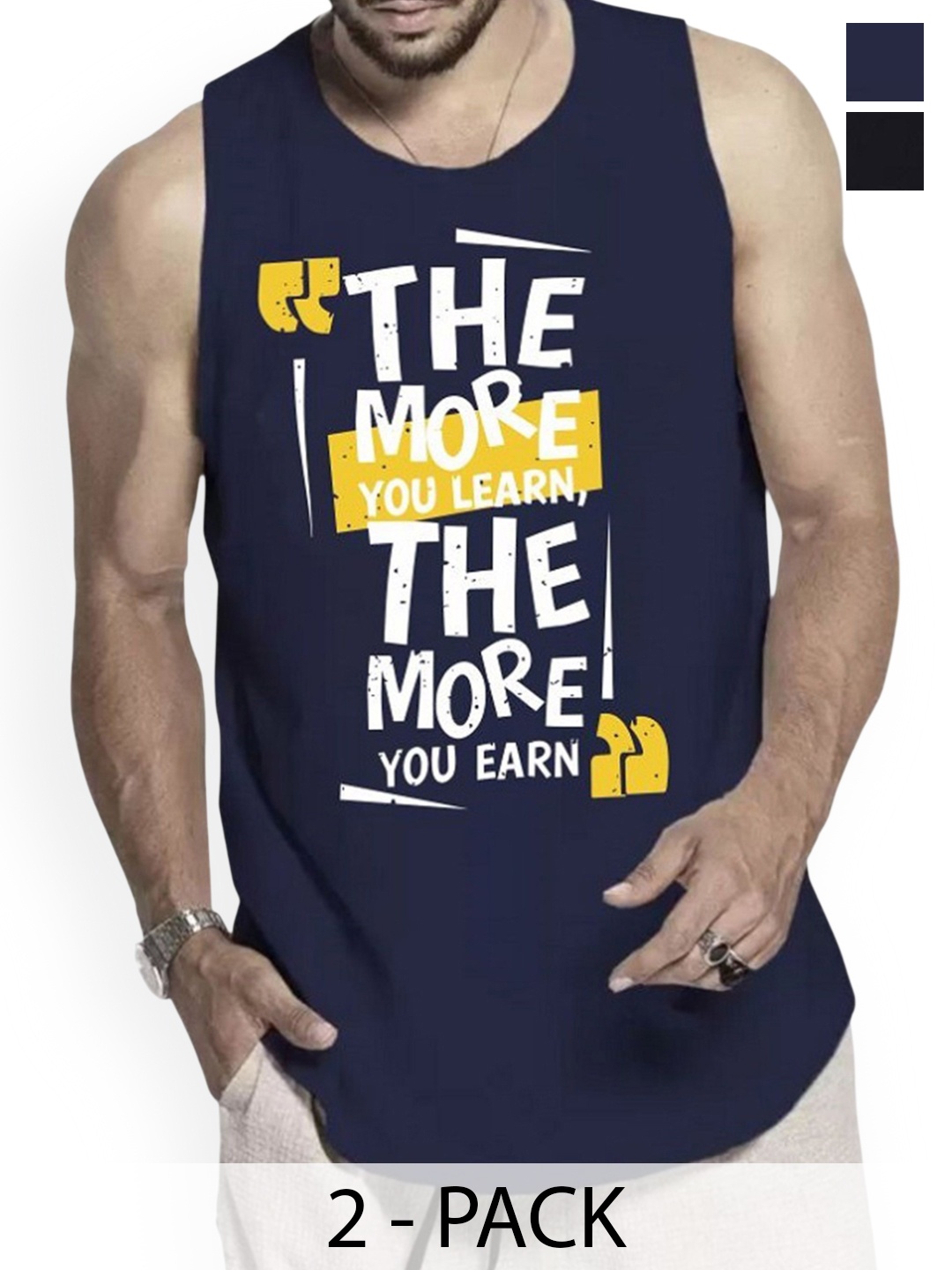 

Woostro Men Pack Of 2 Printed Pure Combed Cotton Gym Vests, Navy blue