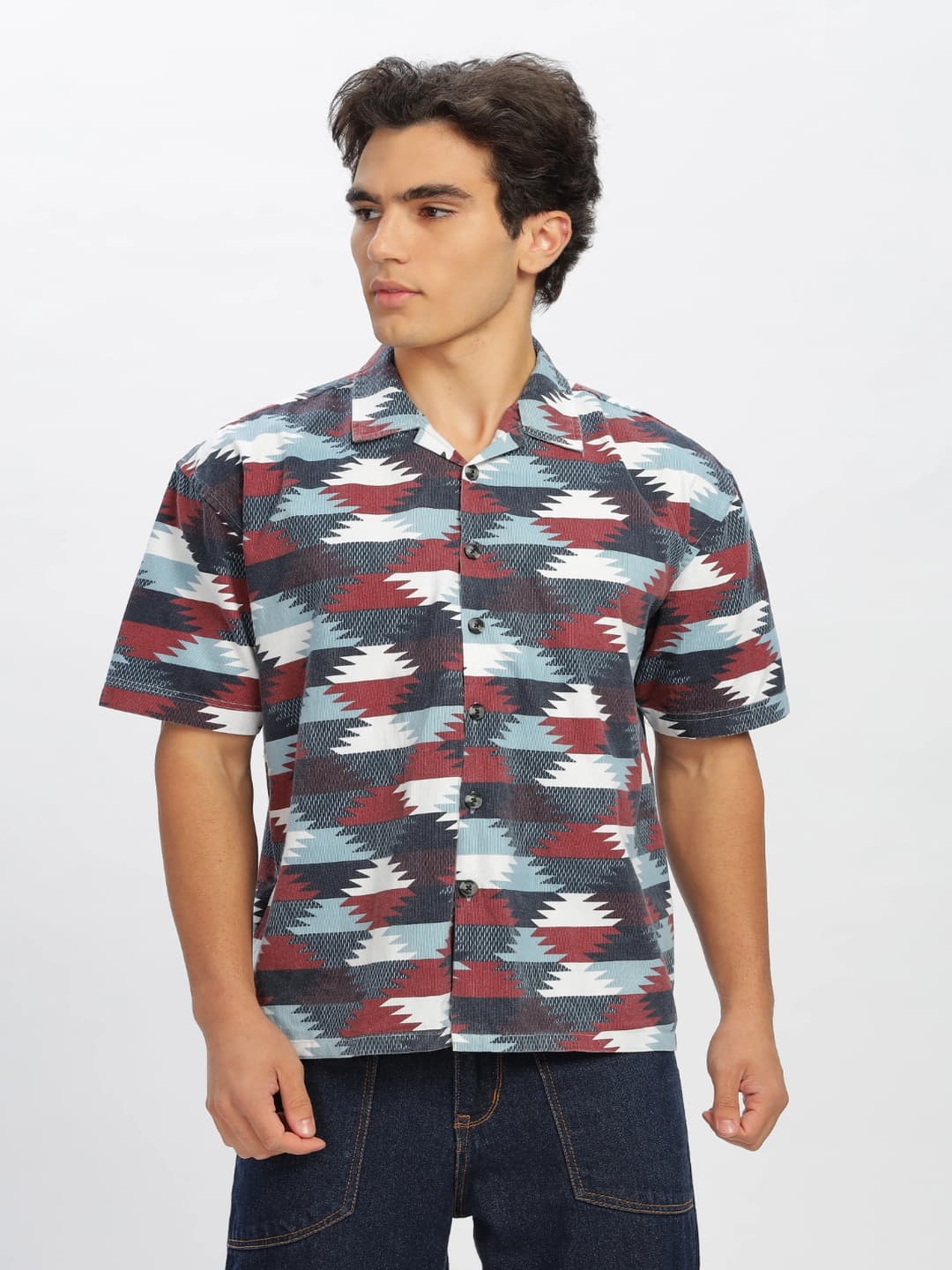 

COLOR HUNT Men Relaxed Fit Cuban Collar Abstract Printed Cotton Casual Shirt, Red