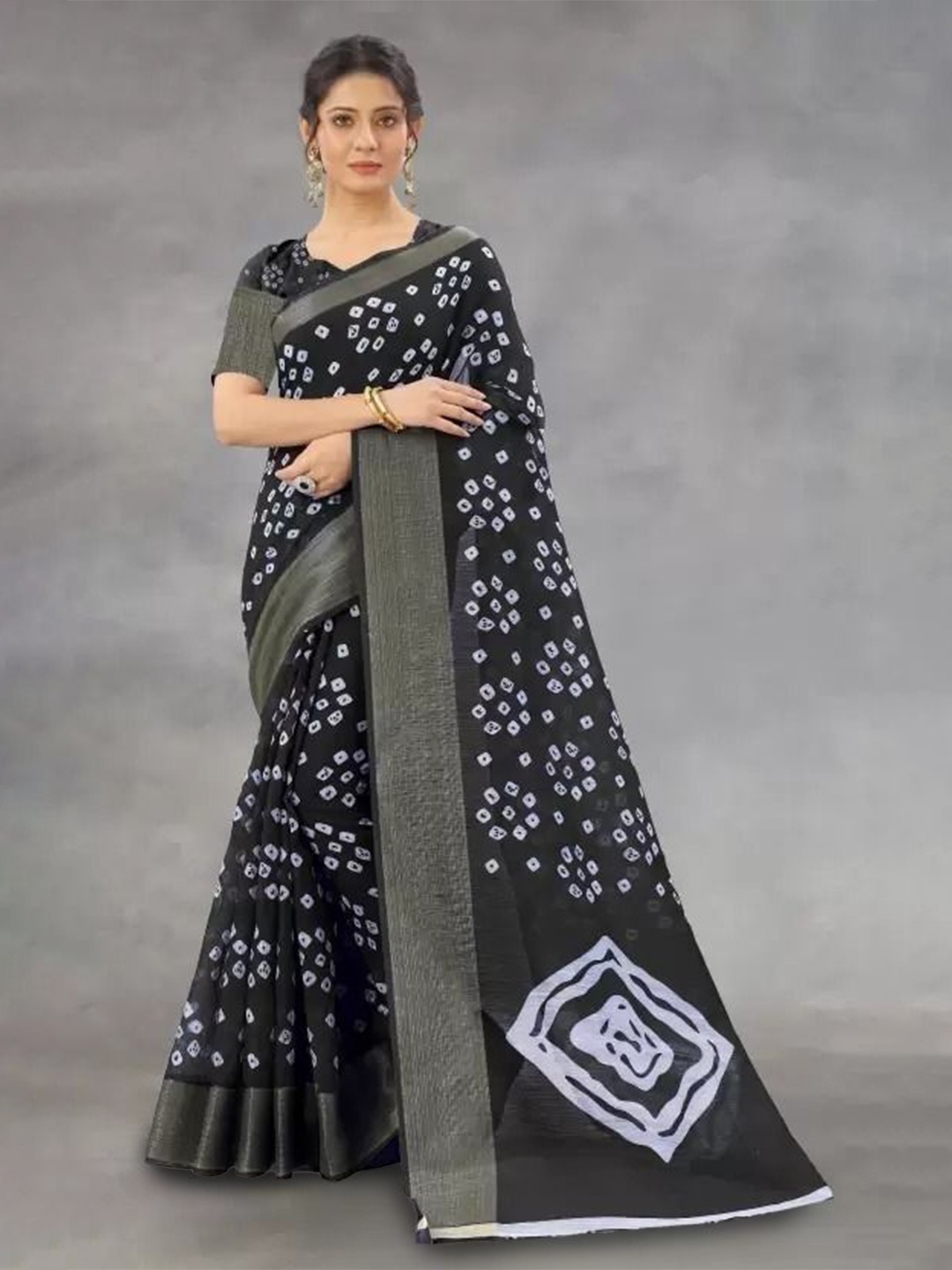 

bansari textiles Printed Zari Bandhani Saree, Black