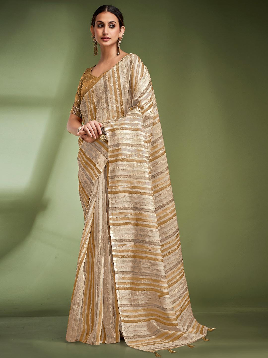 

Panzora Striped Zari Tissue Saree, Beige