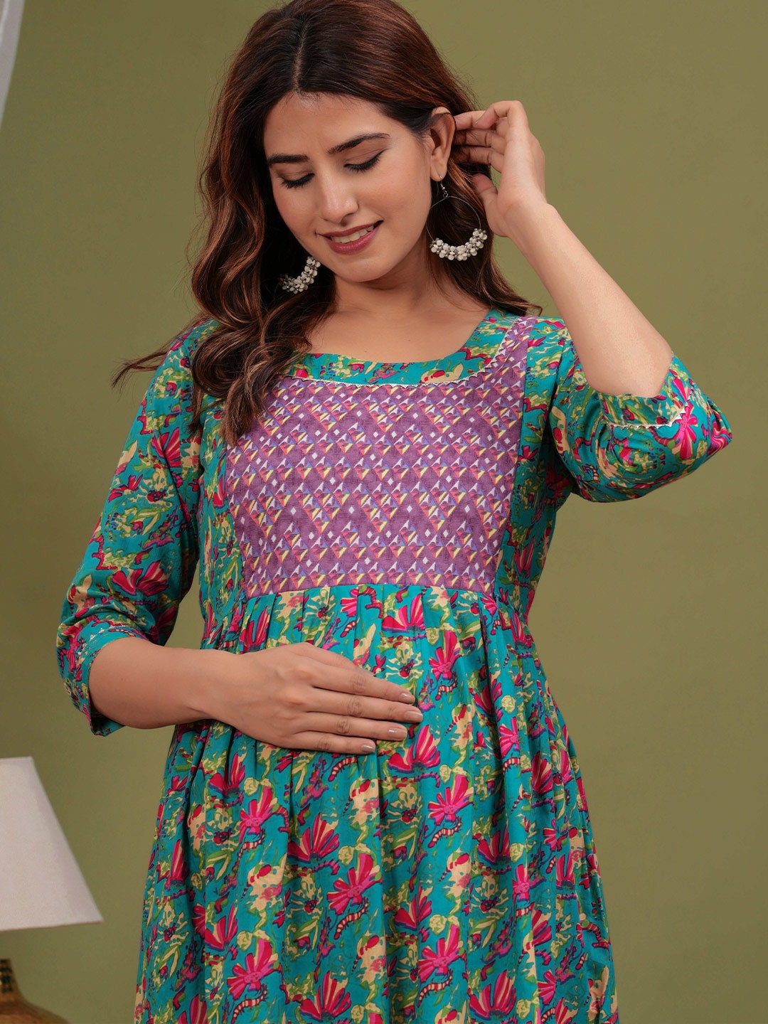 

UrbanRang Cotton Floral Printed Fit and Flare Maternity Dress, Green
