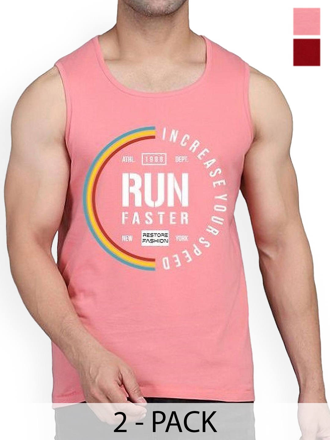 

WOOSTRO Pack Of 2 Printed Cotton Gym Vests RS26 CMB (MORE MAROON) (RUN PEACH)