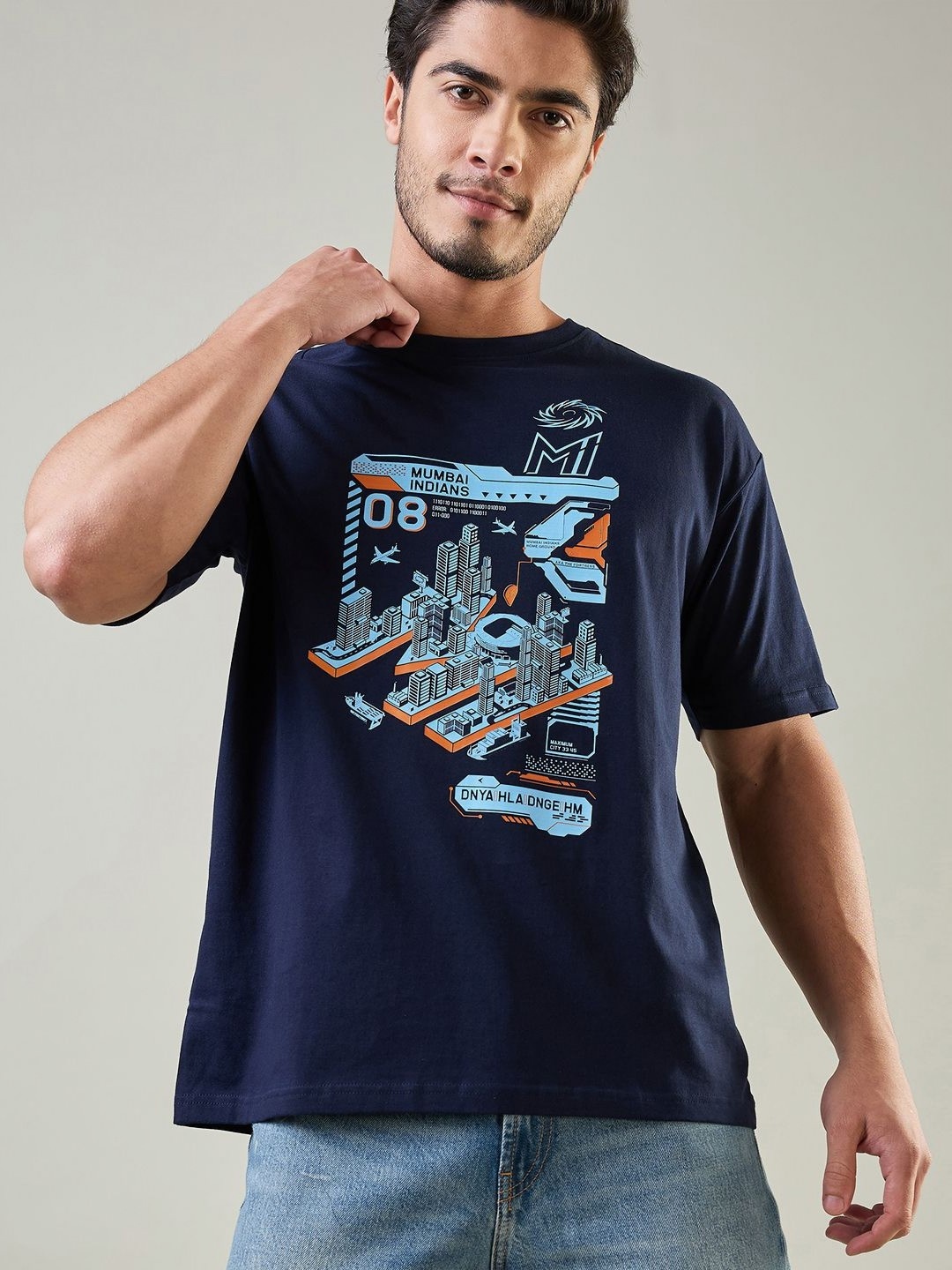 

FanCode Men Graphic Printed Round Neck Cotton Oversized T-shirt, Navy blue