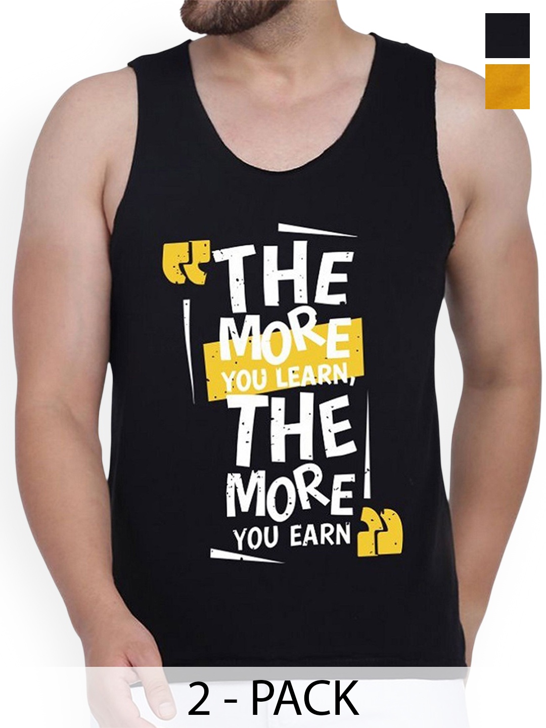 

WOOSTRO Pack Of 2 Printed Combed Cotton Gym Vest RS26 CMB (MORE BLACK) (HARD MUSTARD)
