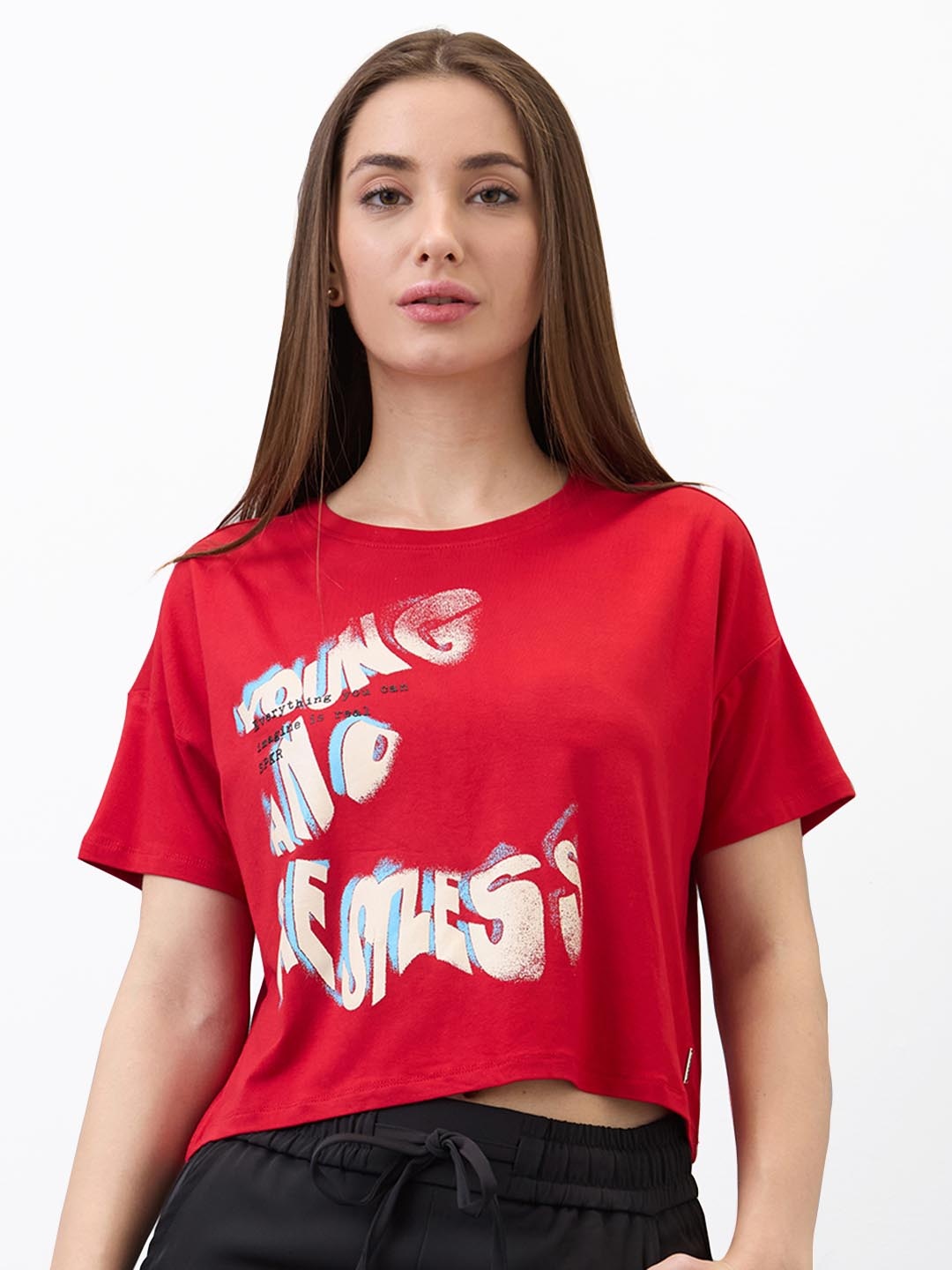 

SPYKAR Women Typography Printed Round Neck Cotton Boxy T-shirt, Red