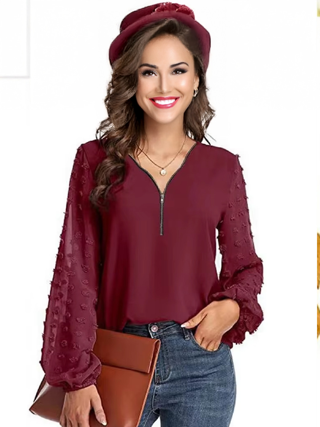

StyleCast Women V-Neck Bishop Sleeves Top, Maroon