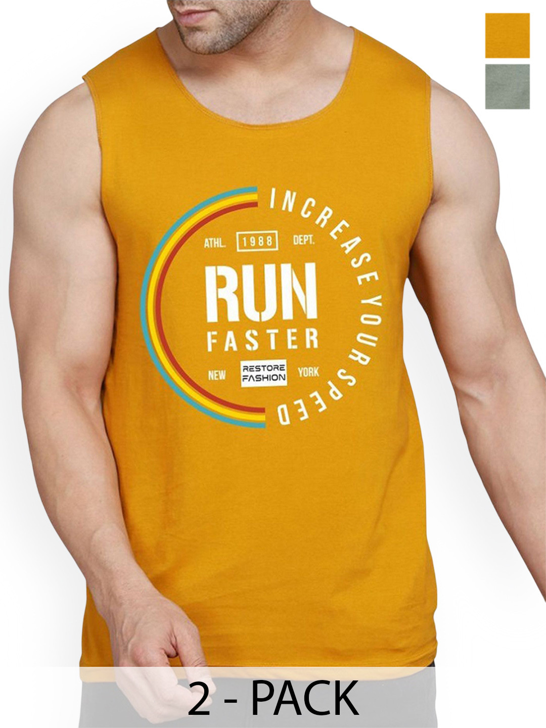 

Woostro Pack Of 2 Printed Cotton Gym Vests RS26 CMB (MORE LGTGREEN) (RUN MUSTARD), Green