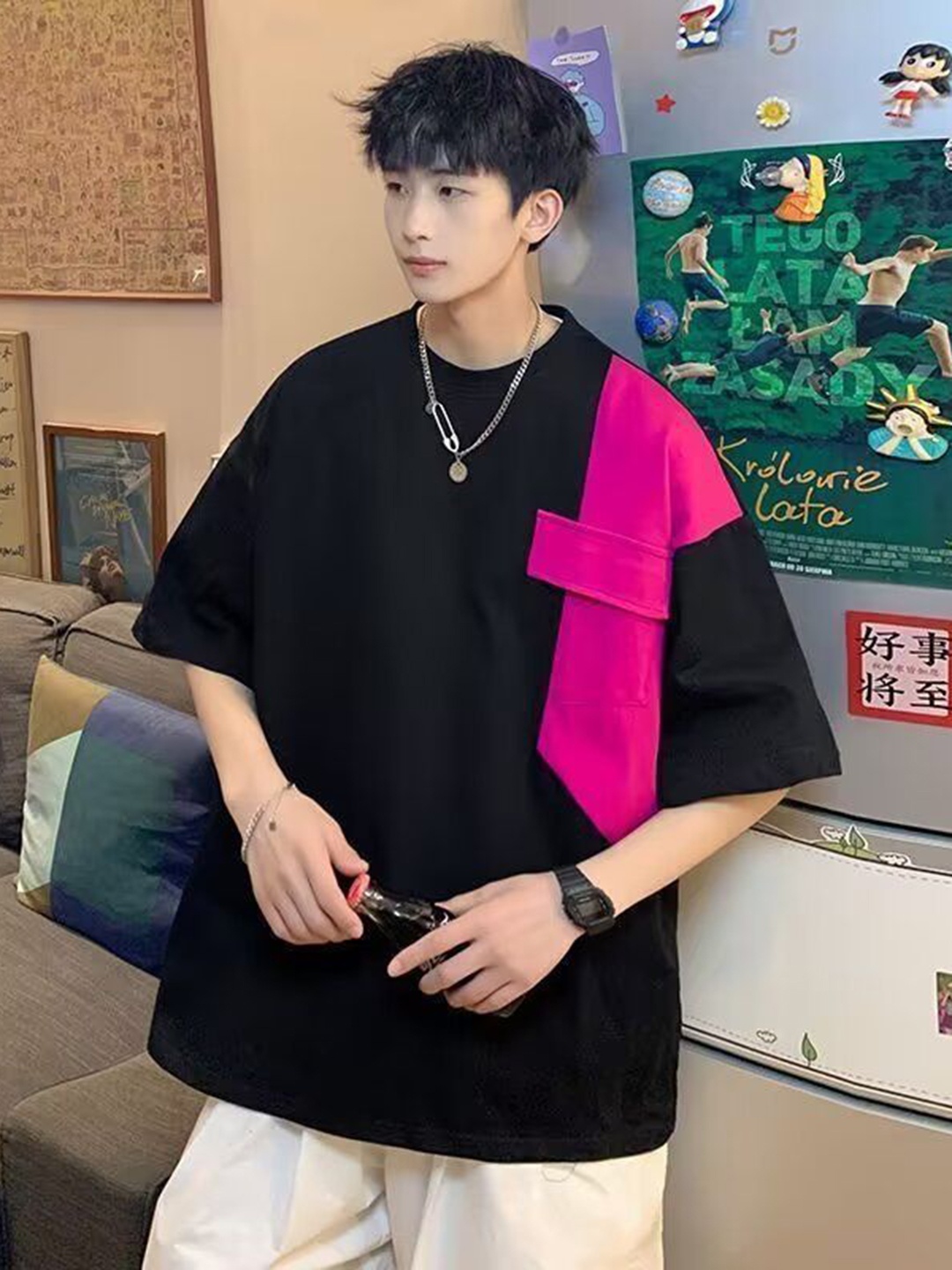 

StyleCast Men Colourblocked Round Neck Silk Relaxed Fit T-shirt, Black