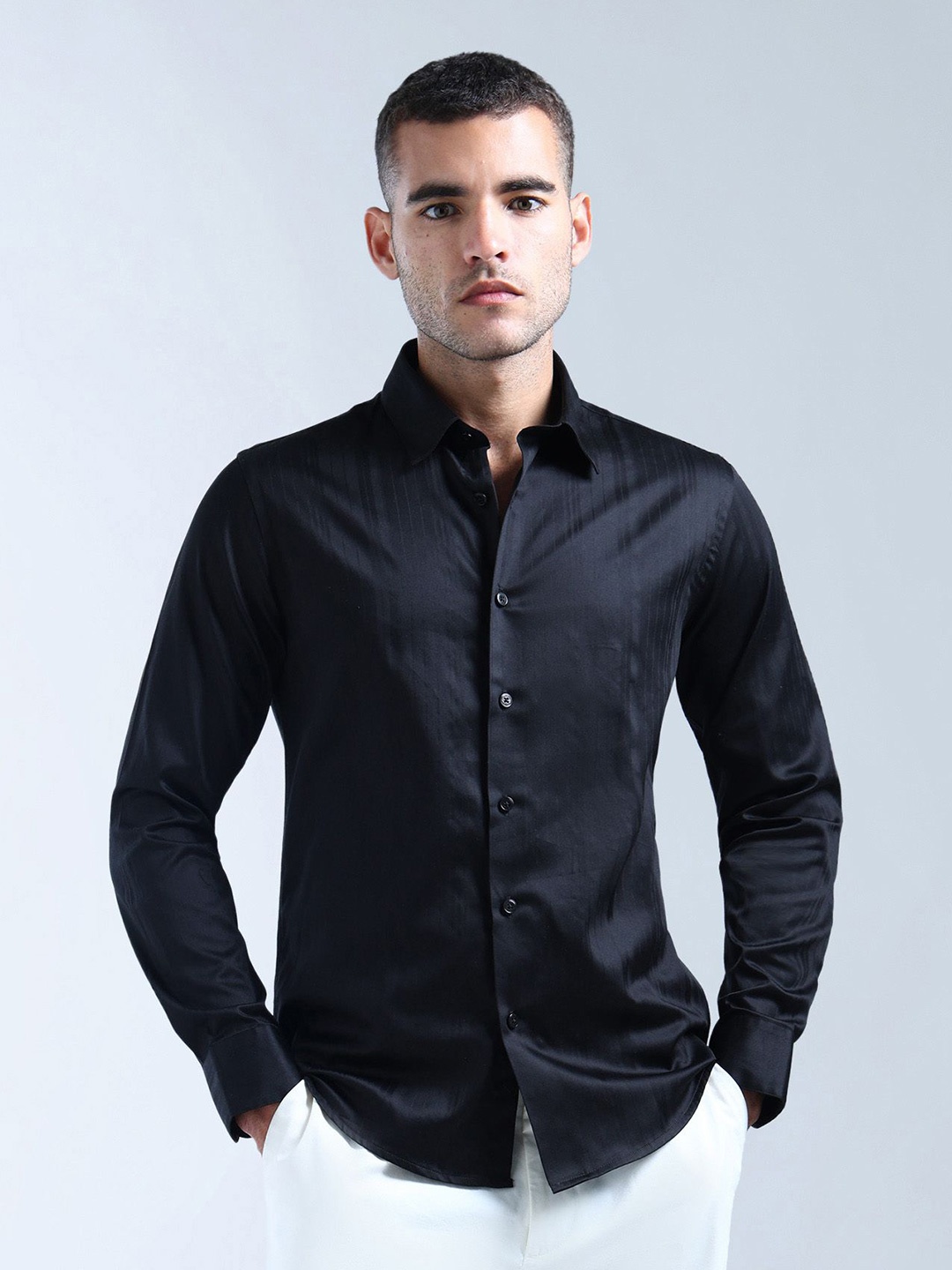 

Flying Machine Men Slim Fit Spread Collar Solid Cotton Casual Shirt, Black