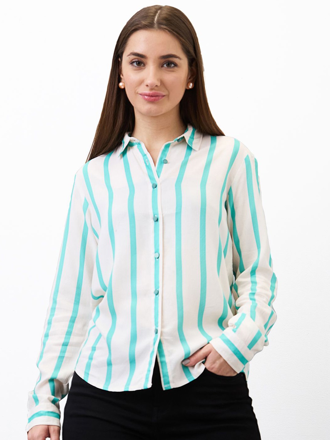 

SPYKAR Women Regular Fit Spread Collar Vertical Striped Casual Shirt, Blue