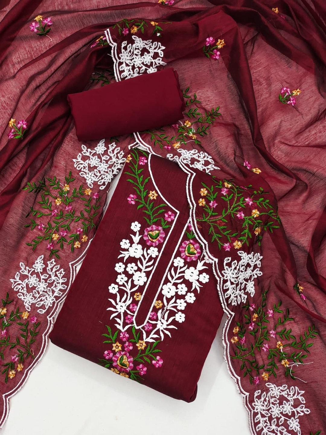 

SWARNGANGA TEX Floral Embroidered Unstitched Dress Material, Maroon