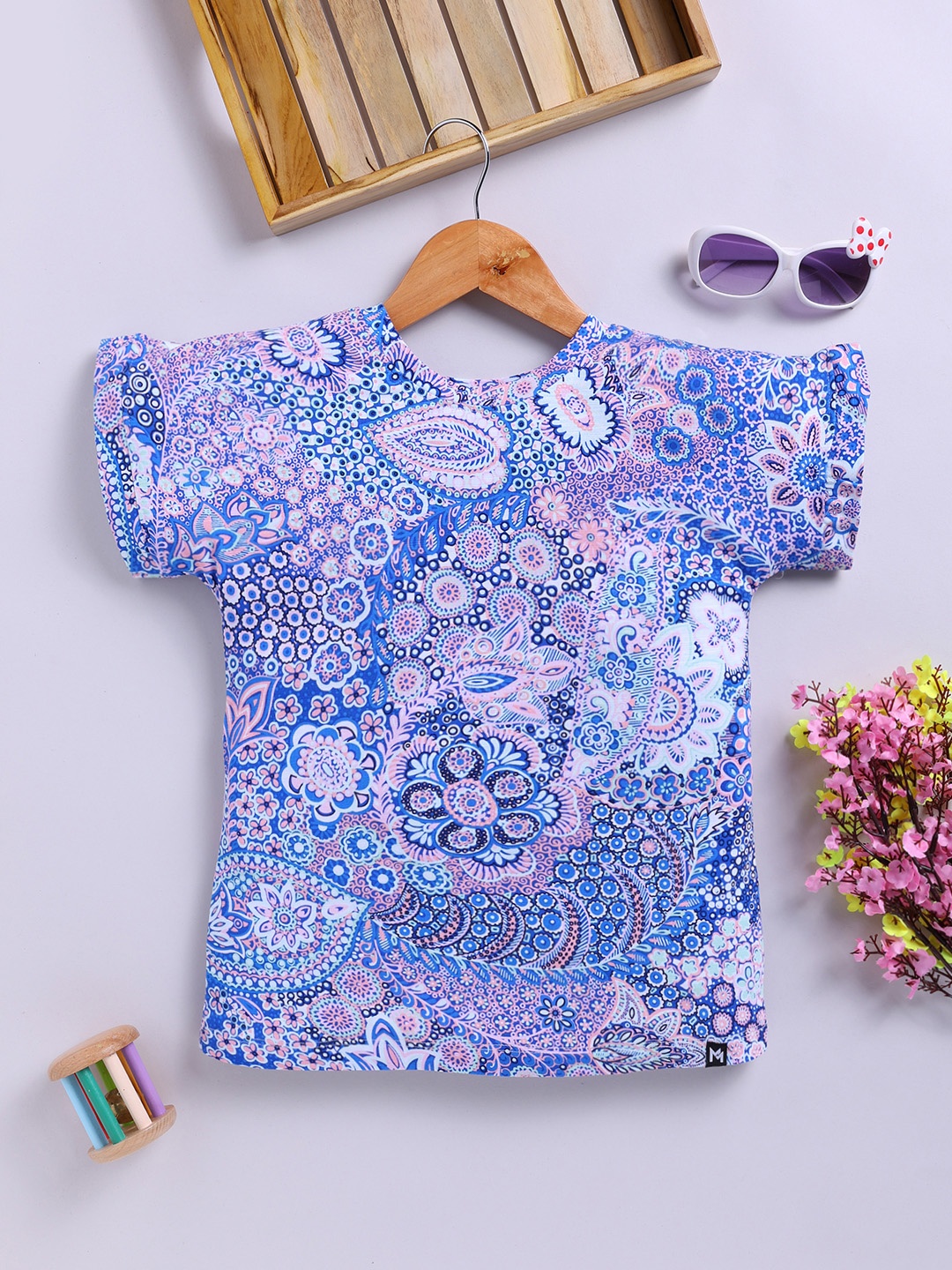 

YK X Minute Mirth Girls Floral Print Extended Sleeves Cotton Top, Blue