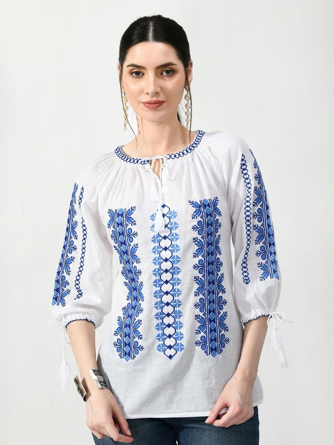 

VAAMII Women Embroidered Tie-Up Neck Puff Sleeves Cotton Top, White