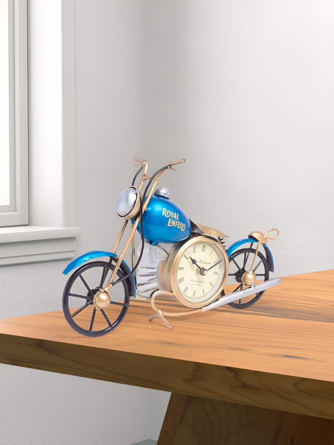 

Golden Peacock Blue Vintage Royal Enfeild Bike Tabletop Clock Curio Showpiece