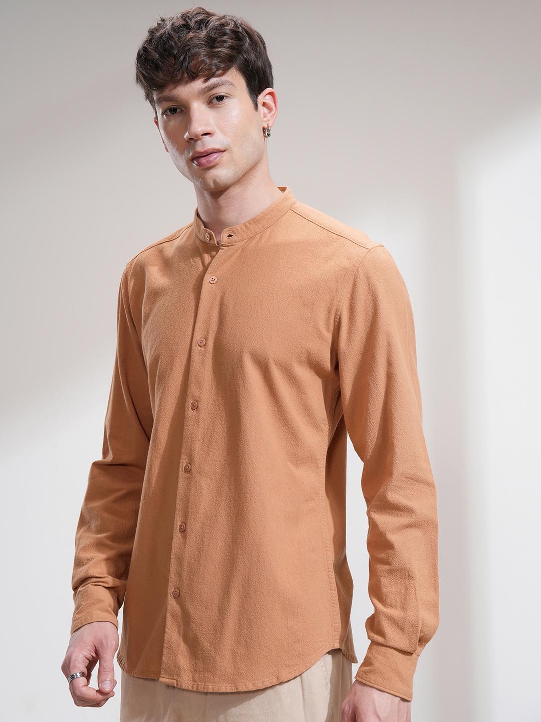 

HIGHLANDER Men Band Collar Solid Cotton Casual Shirt, Orange