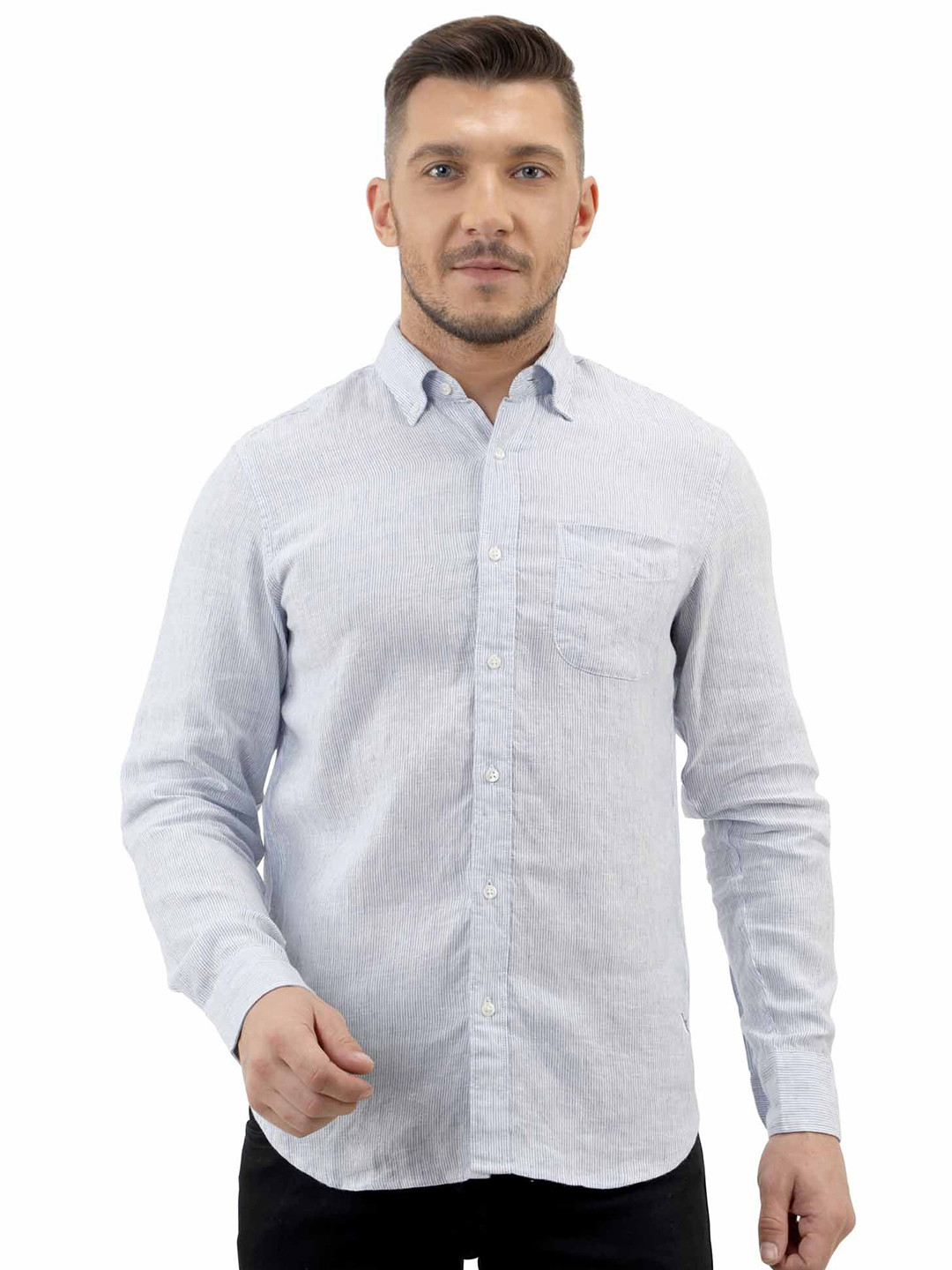 

PINK SUPPLY Men Classic Fit Button-Down Collar Solid Linen Casual Shirt, Blue