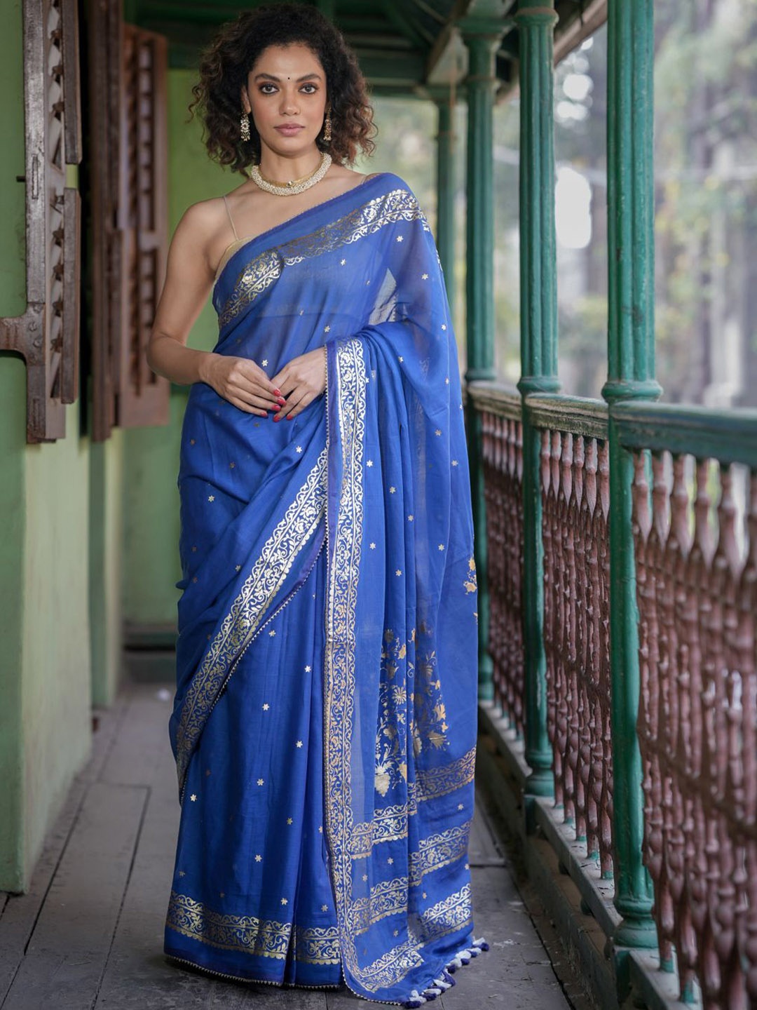 

Suta Ethnic Motifs Printed Pure Cotton Saree, Blue