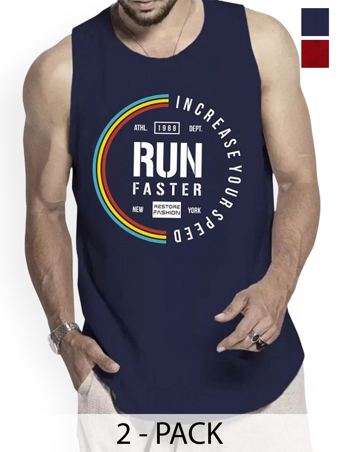 

WOOSTRO Pack Of 2 Printed Combed Cotton Gym Vest RS26 CMB (MORE MAROON) (RUN NAVY)