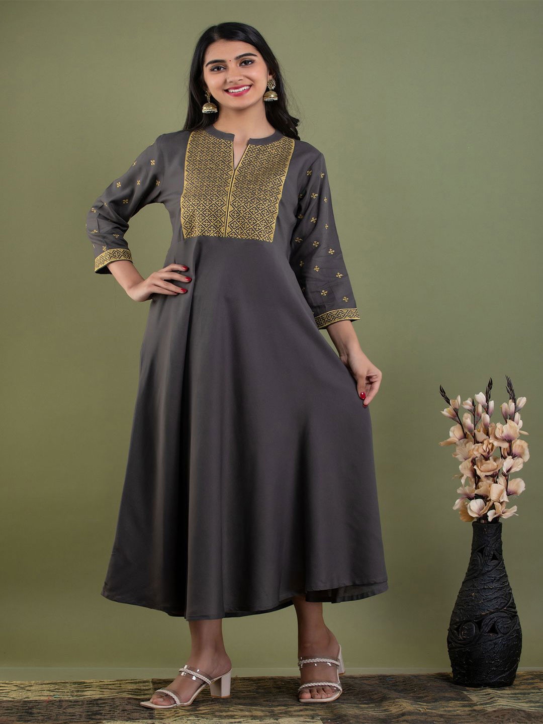 

ANNAYEMA APPARELS Ethnic Motifs Zari Embroidered Notch Neck Maxi Dress, Grey