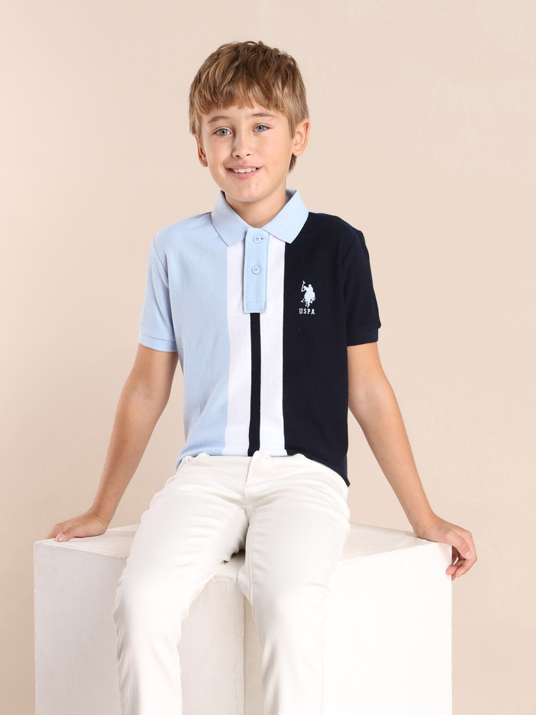 

U.S. Polo Assn. Kids Boys Brand Logo Colourblocked Polo Collar Applique T-shirt, Blue