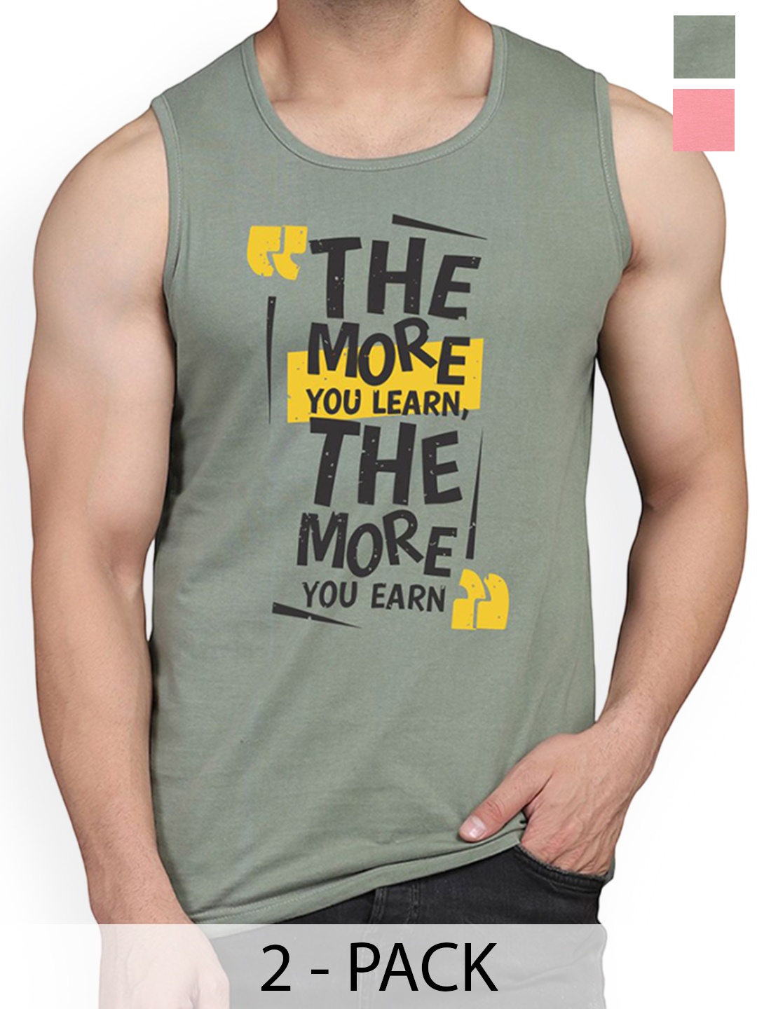 

WOOSTRO Pack Of 2 Printed Combed Cotton Gym Vest RS26 CMB (MORE LGTGREEN) (HARD PEACH), Green