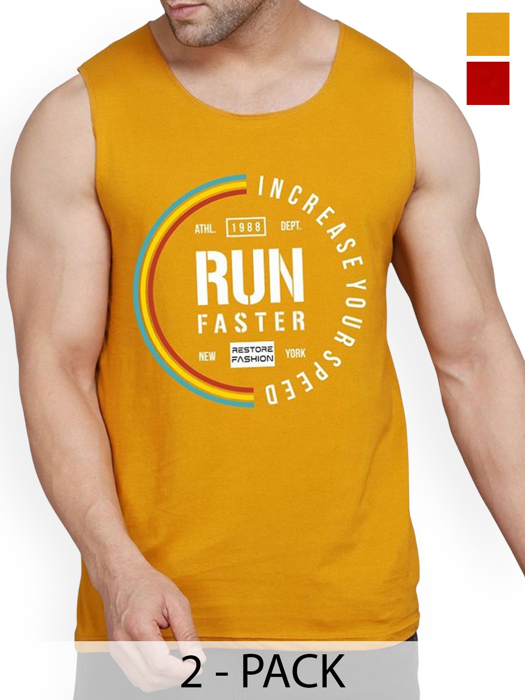 

Woostro Pack Of 2 Printed Pure Combed Cotton Gym Vests, Mustard