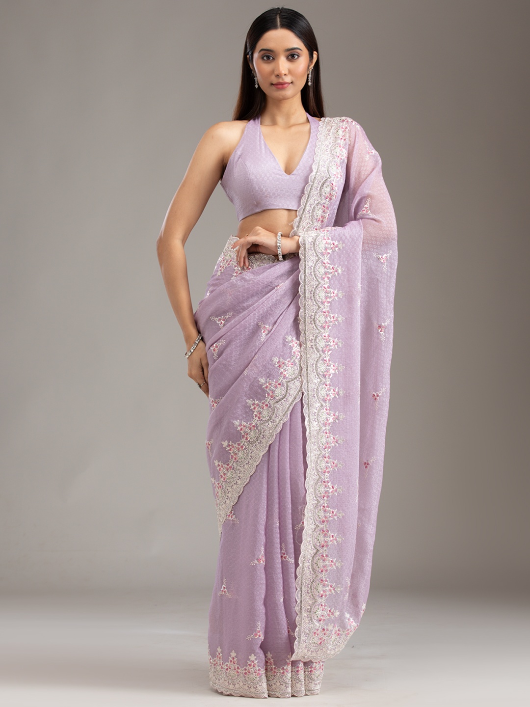 

Koskii Embellished Chiffon Saree, Lavender