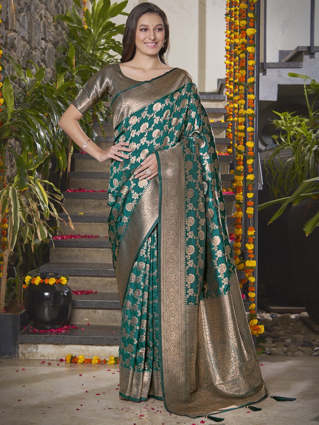 

SAREETHNIC Woven Design Zari Pure Silk Banarasi Saree, Teal