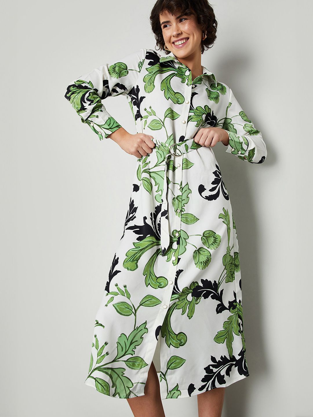 

max Women Tropical Printed Bell Sleeve Shirt Midi Dress, White