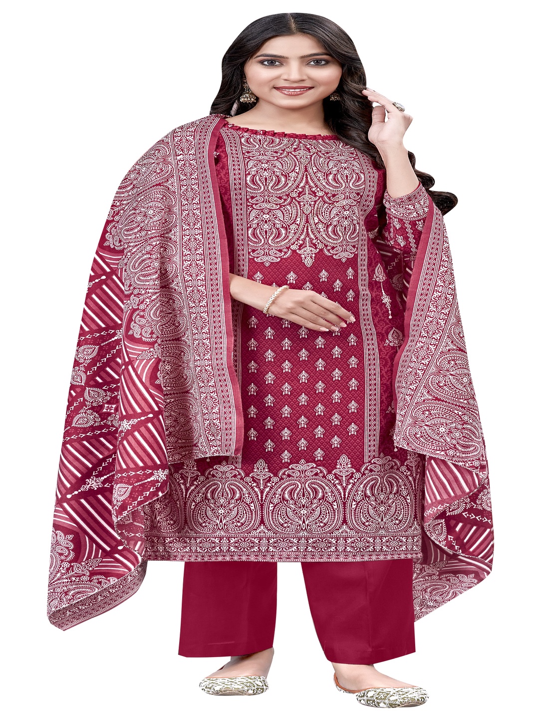 

DRAVINAM Trends Ethnic Motifs Printed Pashmina Unstitched Dress Material, Red