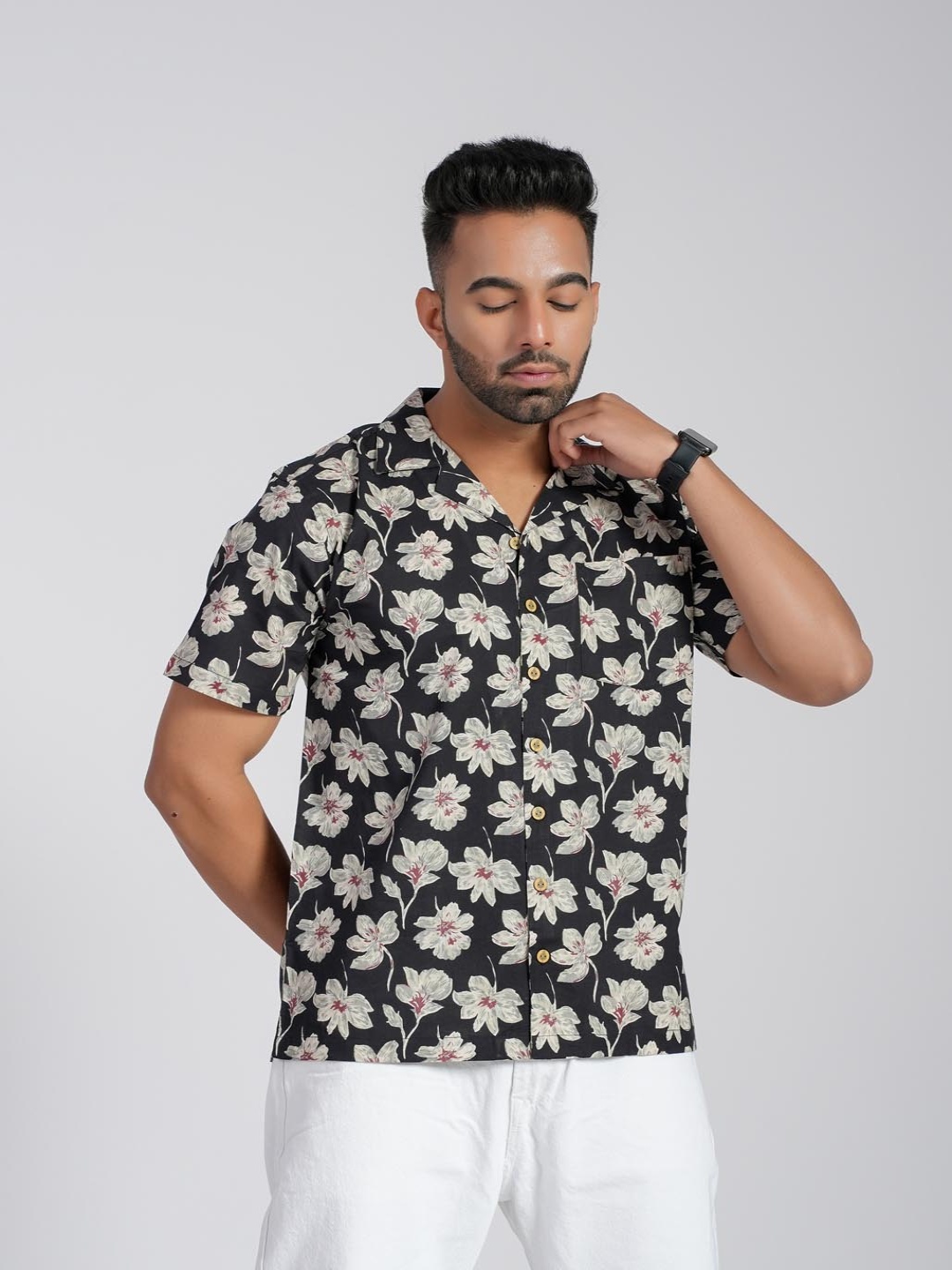 

Cotton Curio Men Comfort Fit Cuban Collar Floral Printed Cotton Casual Shirt, Black
