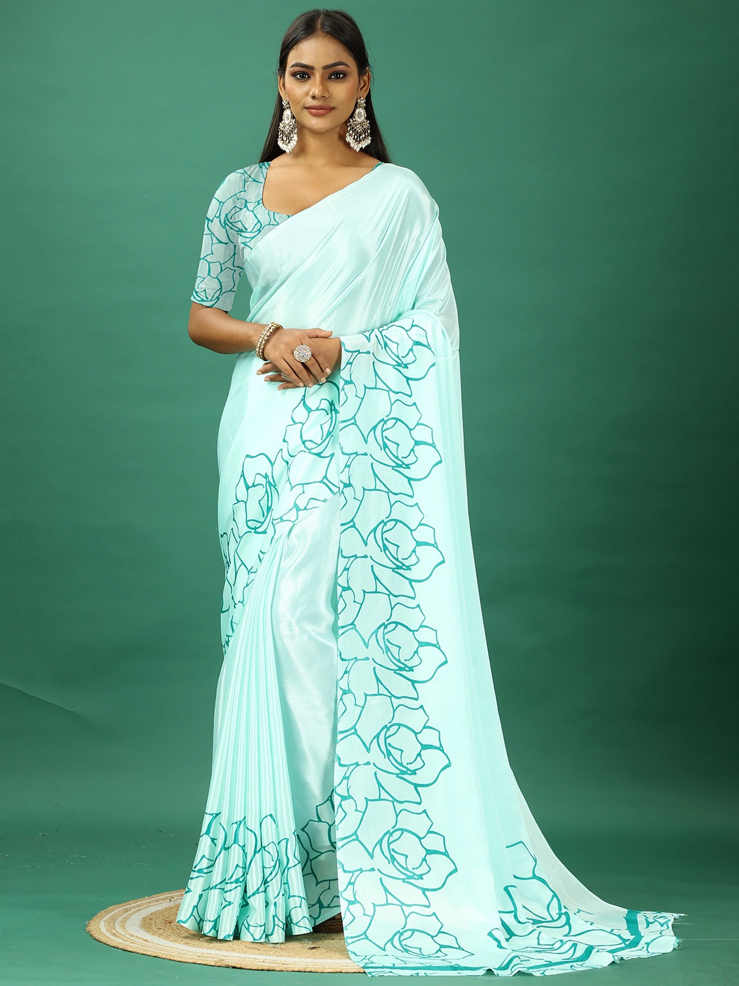 

A.V.M. SILK MILLS Pure Crepe Saree With Blouse Piece, Turquoise blue